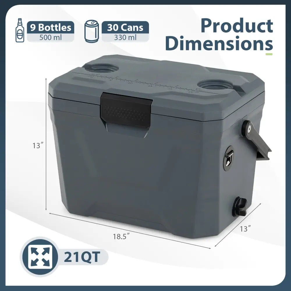 Insulated Portable Cooler Hard Shell Ice Chest with 2 Cup Holders-Gray - Gray - Coolers