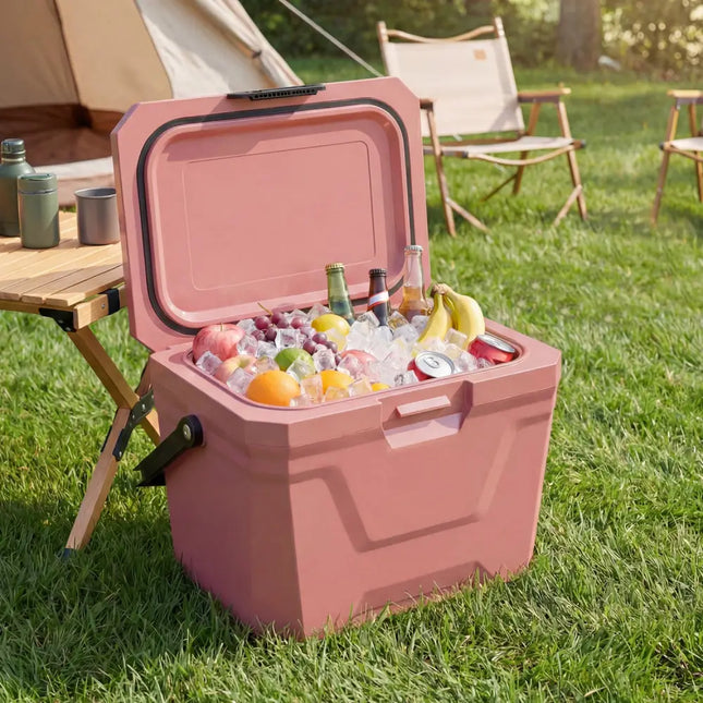 Insulated Portable Cooler Hard Shell Ice Chest with 2 Cup Holders-Pink - Pink - Coolers