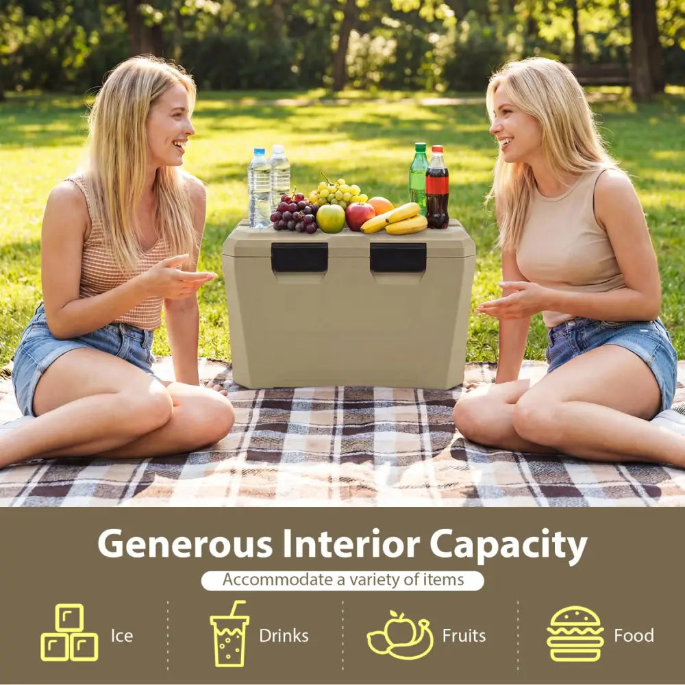 Insulated Portable Cooler Hard Shell Ice Chest with 2 Cup Holders Bottle Opener and Drain Plug-Sand Color - Coffee
