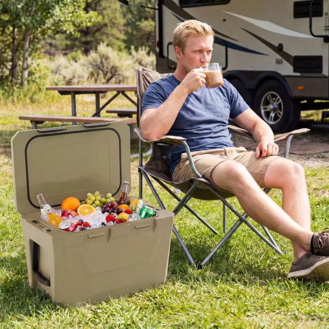 Insulated Portable Cooler Hard Shell Ice Chest with 2 Cup Holders Bottle Opener and Drain Plug-Sand Color - Coffee
