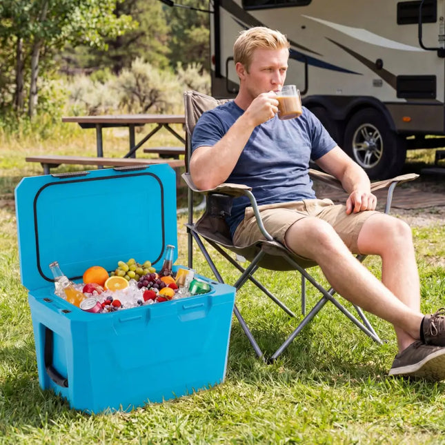 Insulated Portable Cooler Hard Shell Ice Chest with 2 Cup Holders Bottle Opener and Drain Plug-Blue - Blue - Coolers