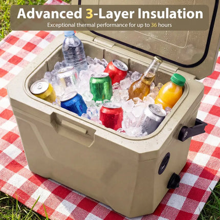 Insulated Portable Cooler Hard Shell Ice Chest with 2 Cup Holders-Sand Color - Coffee - Coolers