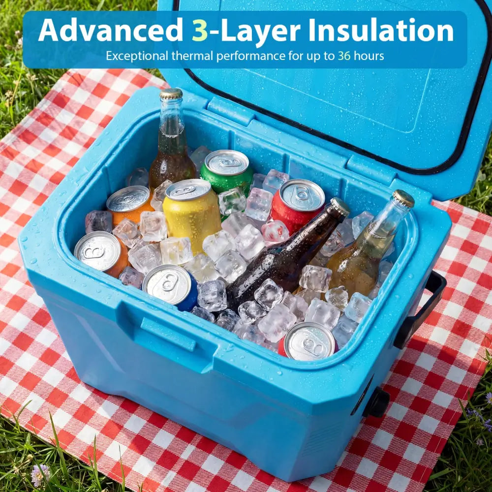 Insulated Portable Cooler Hard Shell Ice Chest with 2 Cup Holders-Blue - Blue - Coolers