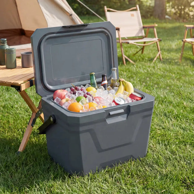 Insulated Portable Cooler Hard Shell Ice Chest with 2 Cup Holders-Gray - Gray - Coolers