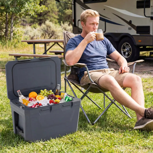 Insulated Portable Cooler Hard Shell Ice Chest with 2 Cup Holders Bottle Opener and Drain Plug-Gray - Gray - Coolers