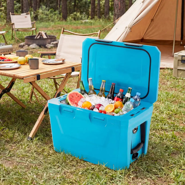 Insulated Portable Cooler Hard Shell Ice Chest with 2 Cup Holders Bottle Opener and Drain Plug-Blue - Blue - Coolers
