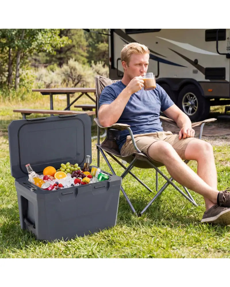 Insulated Portable Cooler Hard Shell Ice Chest with 2 Cup Holders Bottle Opener and Drain Plug-Gray - Gray - Coolers