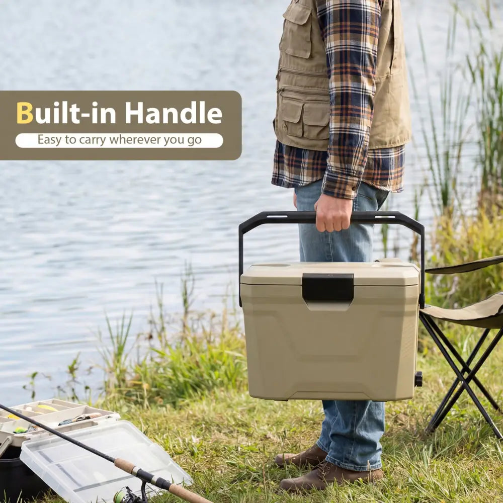 Insulated Portable Cooler Hard Shell Ice Chest with 2 Cup Holders-Sand Color - Coffee - Coolers