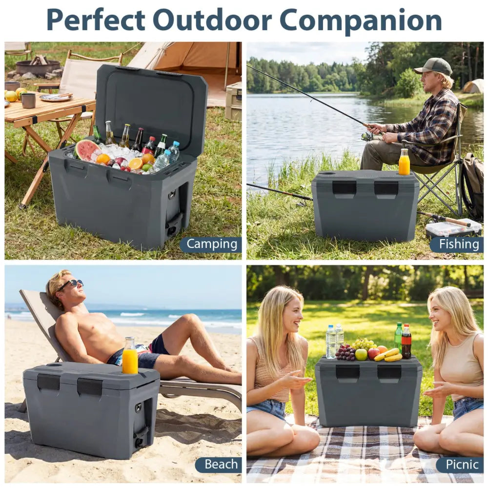 Insulated Portable Cooler Hard Shell Ice Chest with 2 Cup Holders Bottle Opener and Drain Plug-Gray - Gray - Coolers