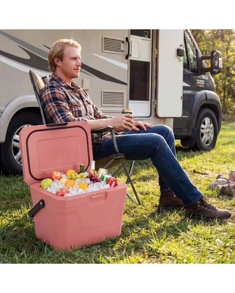 Insulated Portable Cooler Hard Shell Ice Chest with 2 Cup Holders-Pink - Pink - Coolers