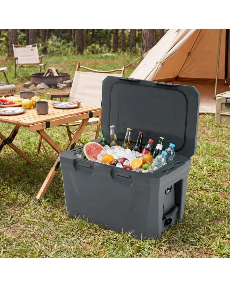 Insulated Portable Cooler Hard Shell Ice Chest with 2 Cup Holders Bottle Opener and Drain Plug-Gray - Gray - Coolers
