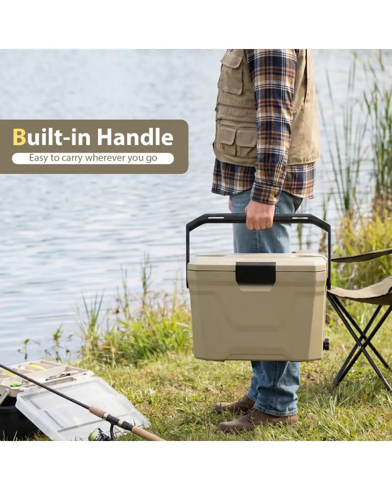 Insulated Portable Cooler Hard Shell Ice Chest with 2 Cup Holders-Sand Color - Coffee - Coolers