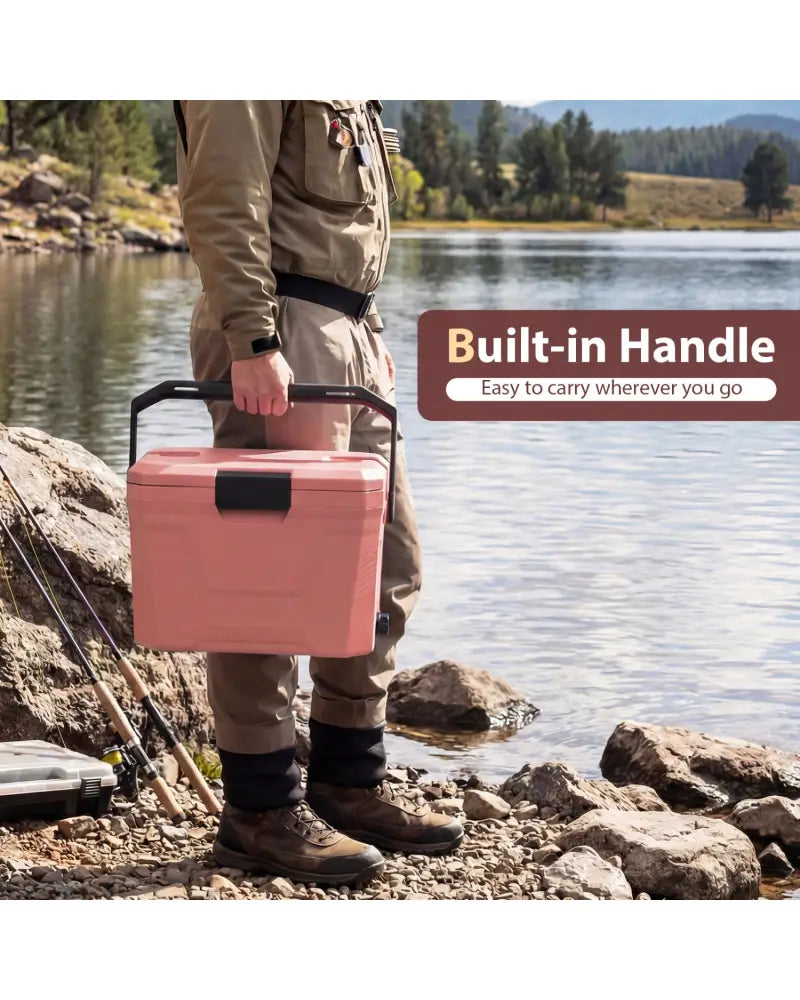 Insulated Portable Cooler Hard Shell Ice Chest with 2 Cup Holders-Pink - Pink - Coolers