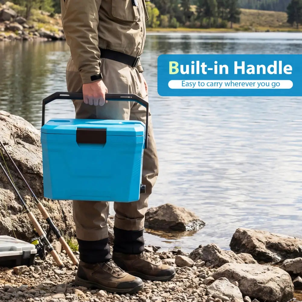 Insulated Portable Cooler Hard Shell Ice Chest with 2 Cup Holders-Blue - Blue - Coolers