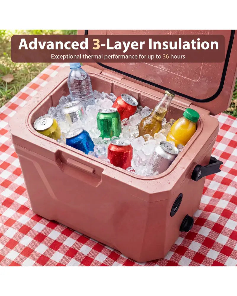 Insulated Portable Cooler Hard Shell Ice Chest with 2 Cup Holders-Pink - Pink - Coolers