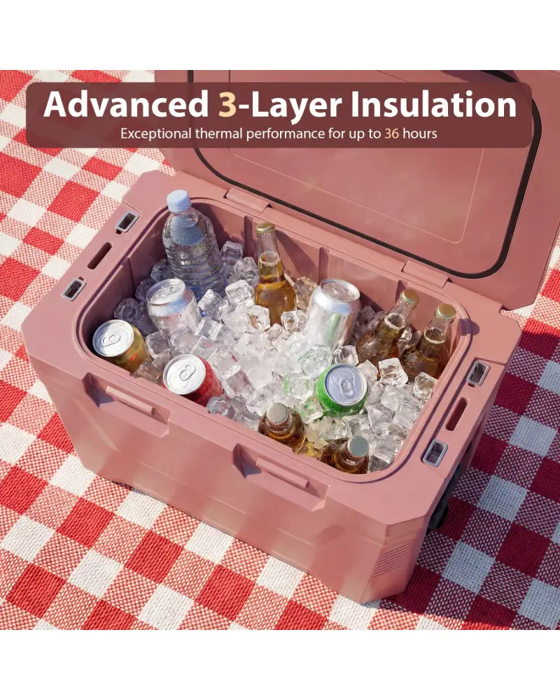 Insulated Portable Cooler Hard Shell Ice Chest with 2 Cup Holders Bottle Opener and Drain Plug-Pink - Pink - Coolers