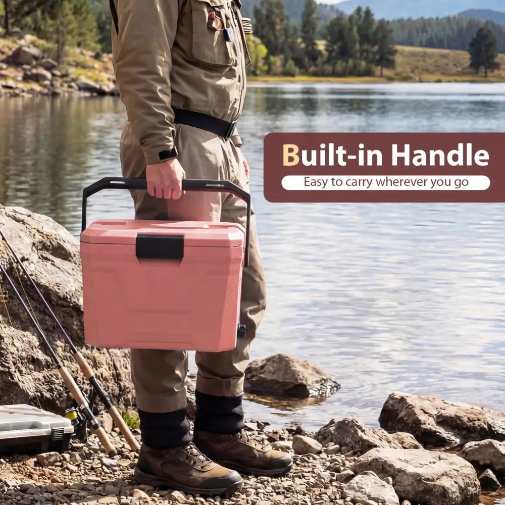 Insulated Portable Cooler Hard Shell Ice Chest with 2 Cup Holders-Pink - Pink - Coolers