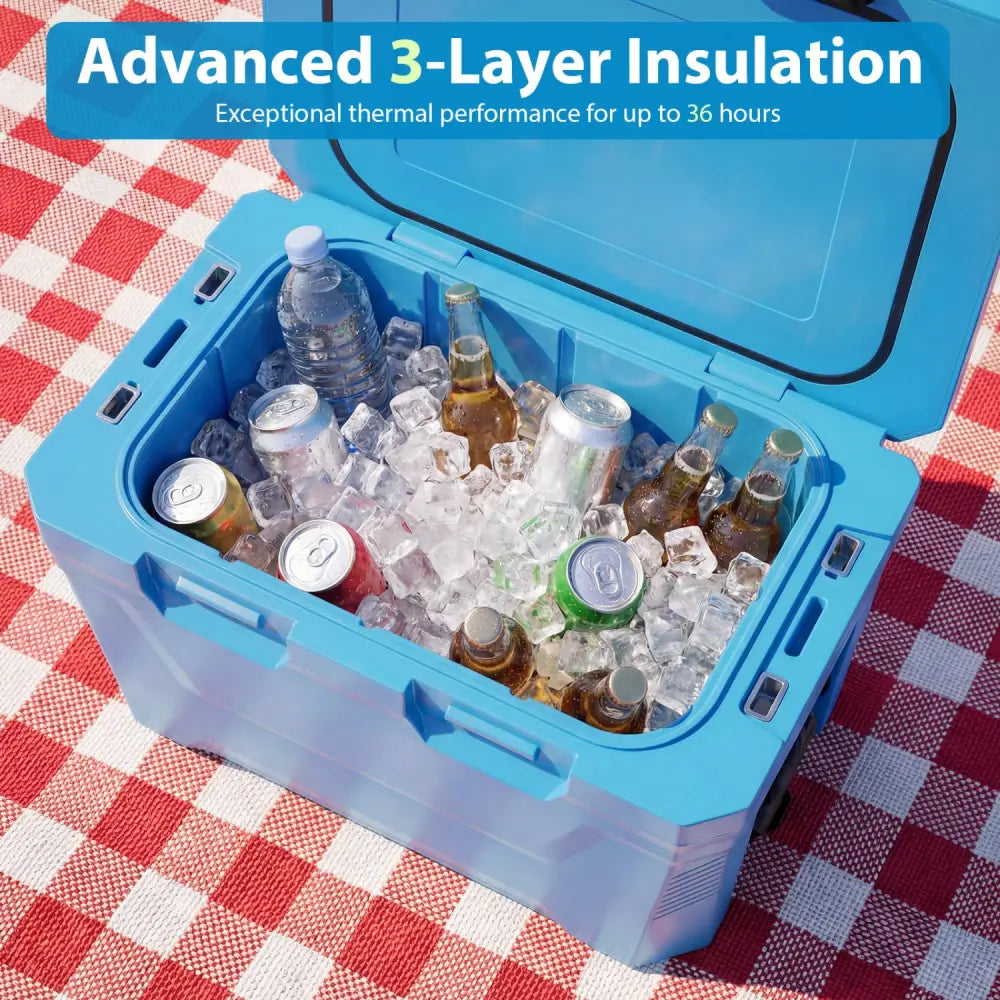 Insulated Portable Cooler Hard Shell Ice Chest with 2 Cup Holders Bottle Opener and Drain Plug-Blue - Blue - Coolers