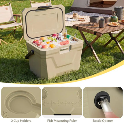Insulated Portable Cooler Hard Shell Ice Chest with 2 Cup Holders-Sand Color - Coffee - Coolers