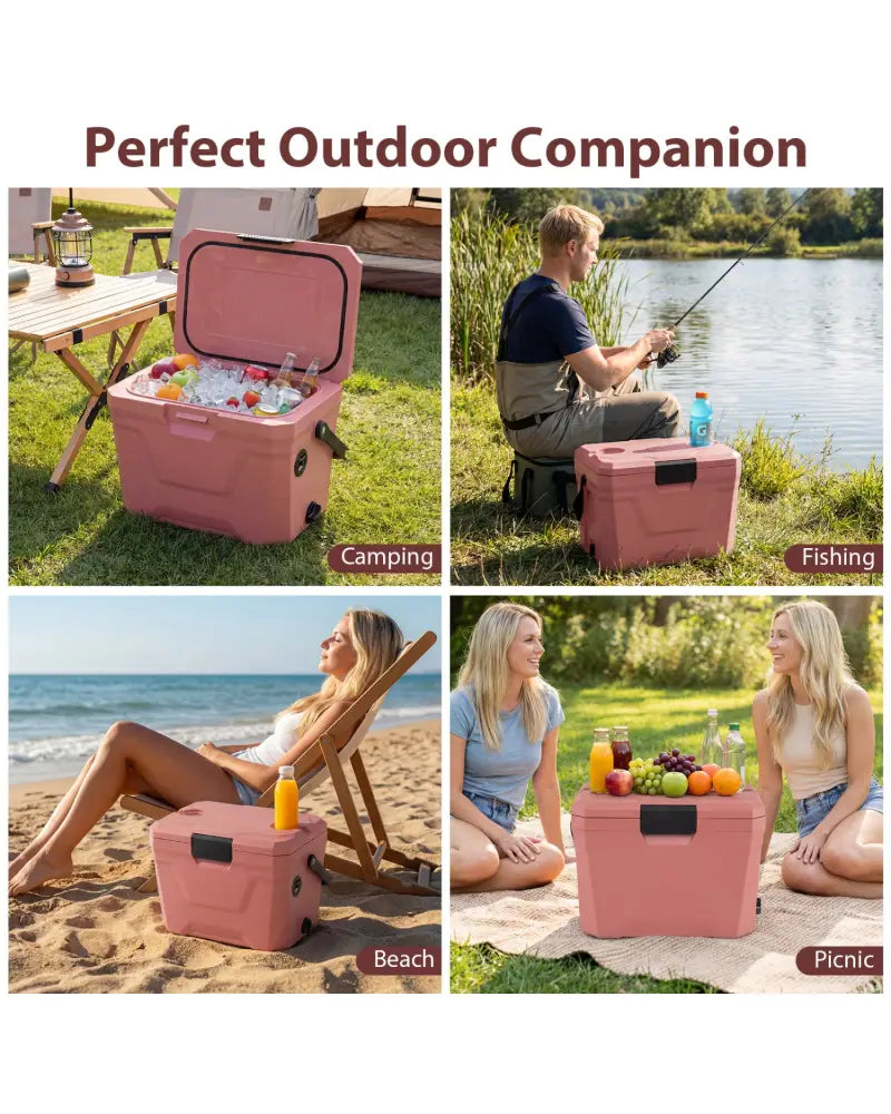 Insulated Portable Cooler Hard Shell Ice Chest with 2 Cup Holders-Pink - Pink - Coolers