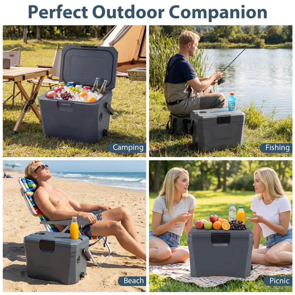 Insulated Portable Cooler Hard Shell Ice Chest with 2 Cup Holders-Gray - Gray - Coolers