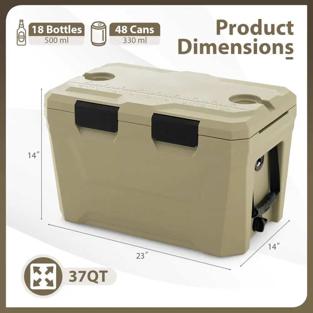 Insulated Portable Cooler Hard Shell Ice Chest with 2 Cup Holders Bottle Opener and Drain Plug-Sand Color - Coffee
