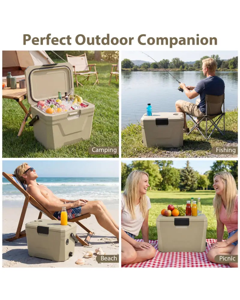 Insulated Portable Cooler Hard Shell Ice Chest with 2 Cup Holders-Sand Color - Coffee - Coolers