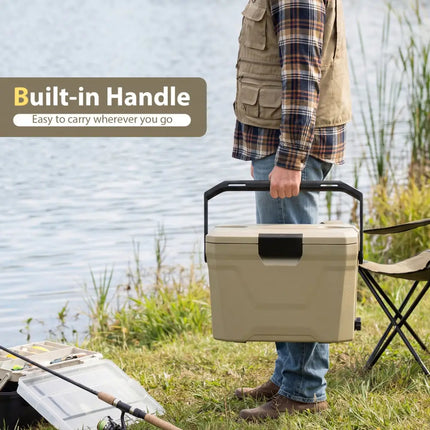 Insulated Portable Cooler Hard Shell Ice Chest with 2 Cup Holders-Sand Color - Coffee - Coolers