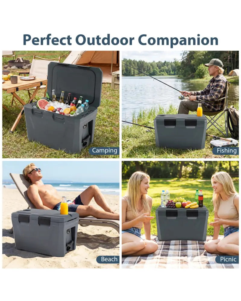 Insulated Portable Cooler Hard Shell Ice Chest with 2 Cup Holders Bottle Opener and Drain Plug-Gray - Gray - Coolers