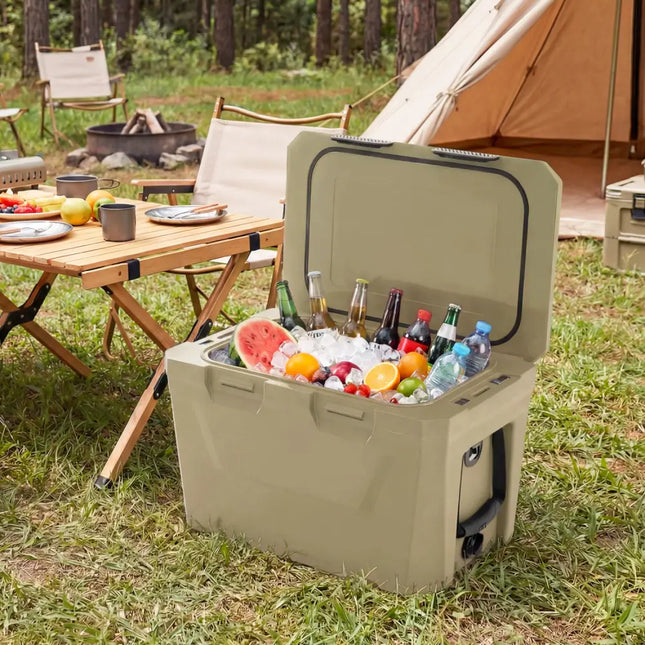 Insulated Portable Cooler Hard Shell Ice Chest with 2 Cup Holders Bottle Opener and Drain Plug-Sand Color - Coffee