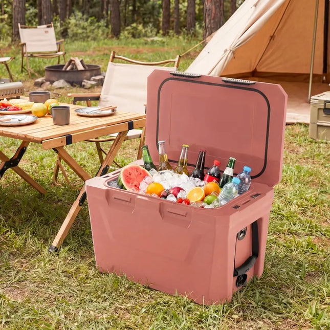 Insulated Portable Cooler Hard Shell Ice Chest with 2 Cup Holders Bottle Opener and Drain Plug-Pink - Pink - Coolers