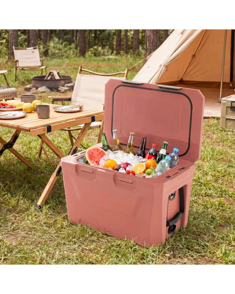 Insulated Portable Cooler Hard Shell Ice Chest with 2 Cup Holders Bottle Opener and Drain Plug-Pink - Pink - Coolers