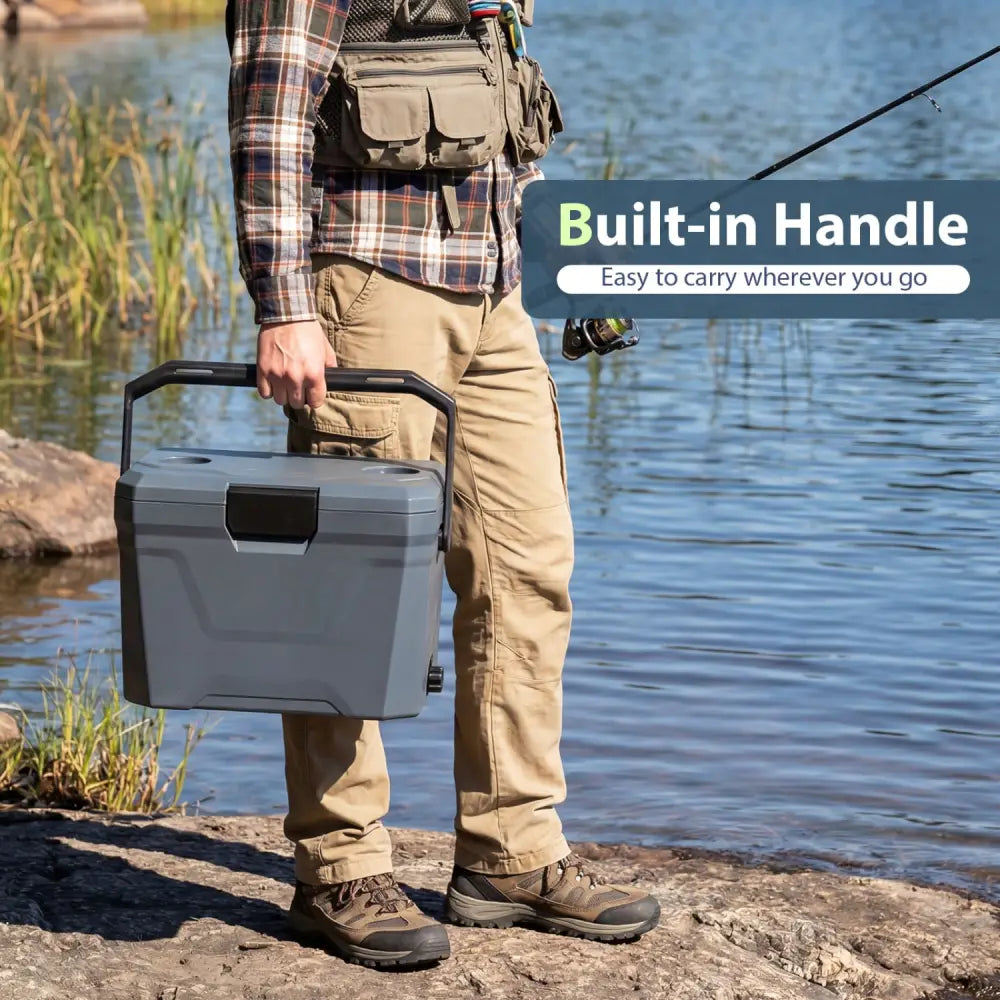 Insulated Portable Cooler Hard Shell Ice Chest with 2 Cup Holders-Gray - Gray - Coolers