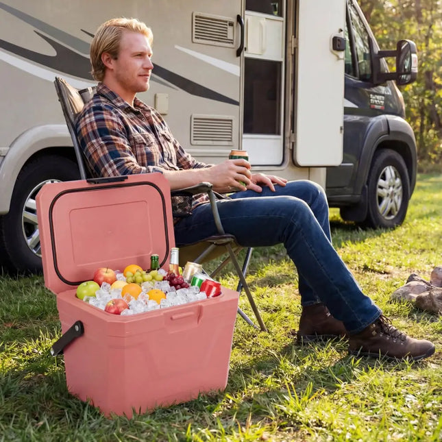 Insulated Portable Cooler Hard Shell Ice Chest with 2 Cup Holders-Pink - Pink - Coolers