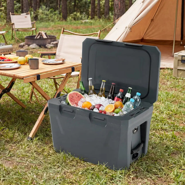 Insulated Portable Cooler Hard Shell Ice Chest with 2 Cup Holders Bottle Opener and Drain Plug-Gray - Gray - Coolers