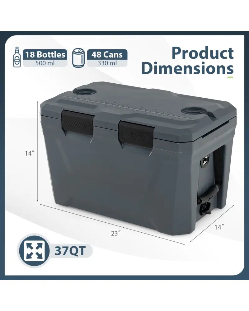 Insulated Portable Cooler Hard Shell Ice Chest with 2 Cup Holders Bottle Opener and Drain Plug-Gray - Gray - Coolers