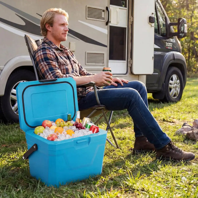 Insulated Portable Cooler Hard Shell Ice Chest with 2 Cup Holders-Blue - Blue - Coolers