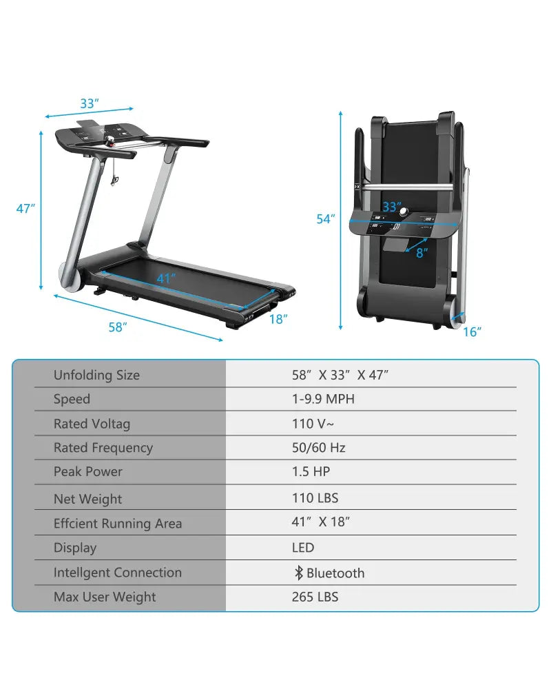 Italian Designed Folding Treadmill for Home - Black - Treadmills
