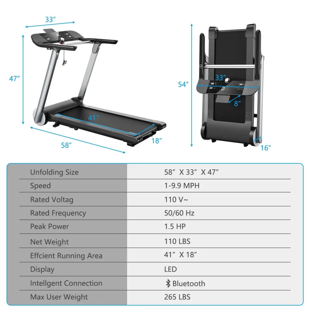 Italian Designed Folding Treadmill for Home - Black - Treadmills