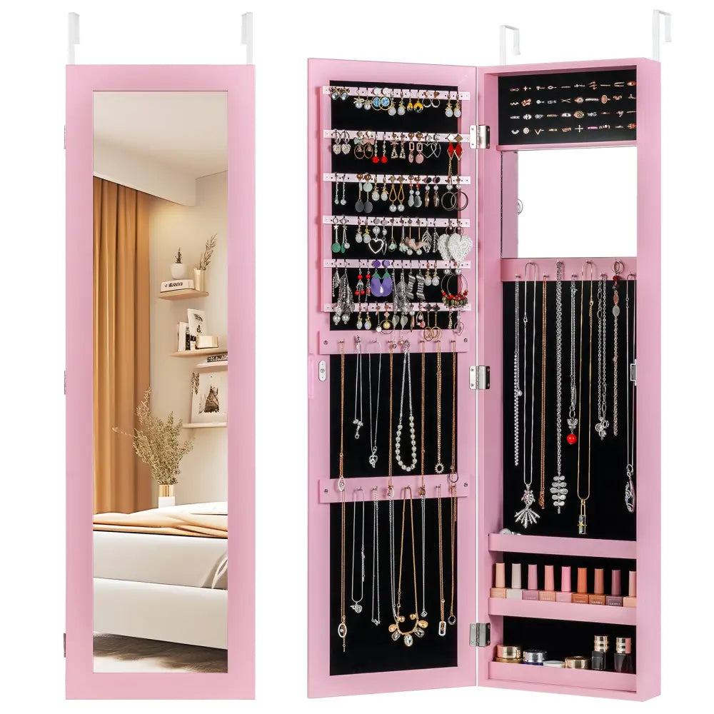 Jewelry Cabinet Wall or Door Mounted Jewelry Armoire Modern Hanging Jewelry Organizer-Pink - Pink - Jewelry Armoires