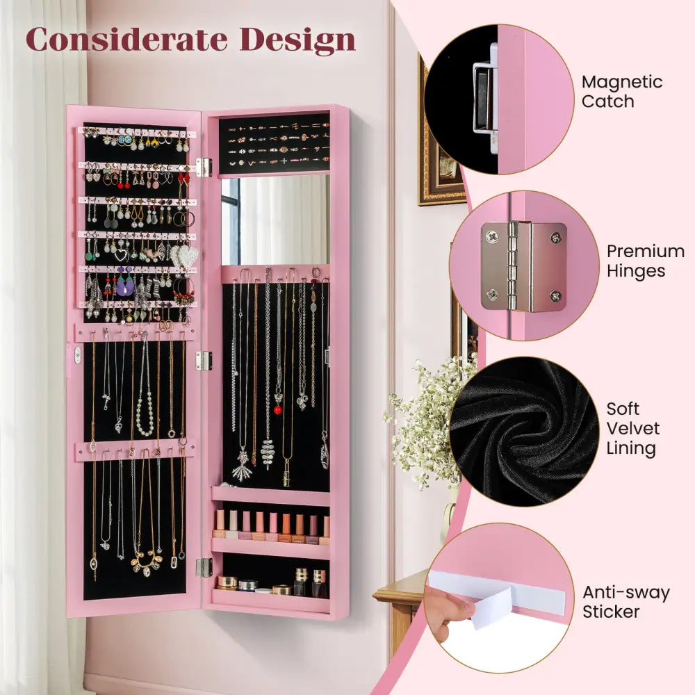 Jewelry Cabinet Wall or Door Mounted Jewelry Armoire Modern Hanging Jewelry Organizer-Pink - Pink - Jewelry Armoires