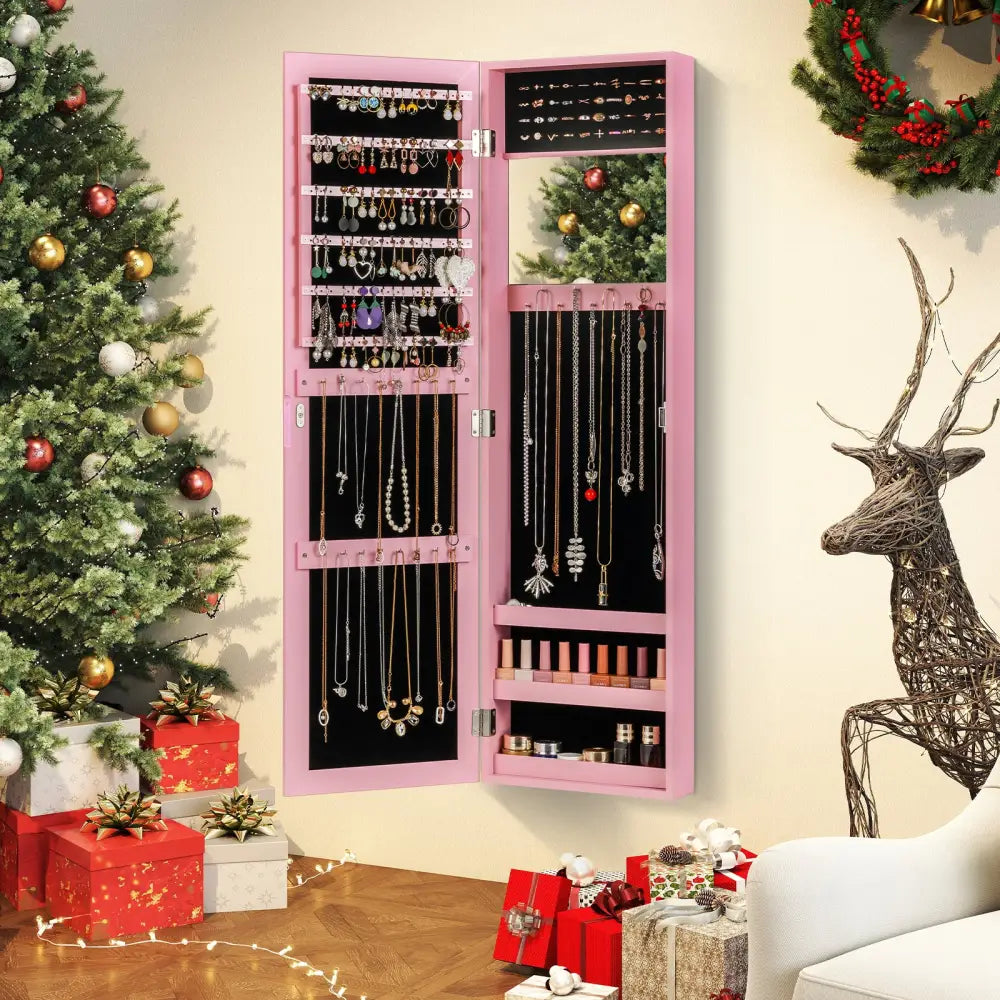 Jewelry Cabinet Wall or Door Mounted Jewelry Armoire Modern Hanging Jewelry Organizer-Pink - Pink - Jewelry Armoires