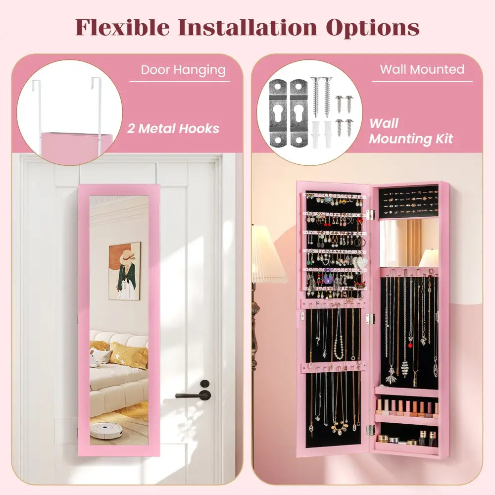 Jewelry Cabinet Wall or Door Mounted Jewelry Armoire Modern Hanging Jewelry Organizer-Pink - Pink - Jewelry Armoires