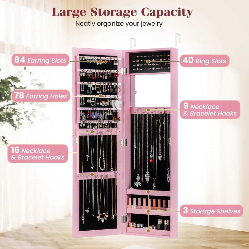 Jewelry Cabinet Wall or Door Mounted Jewelry Armoire Modern Hanging Jewelry Organizer-Pink - Pink - Jewelry Armoires