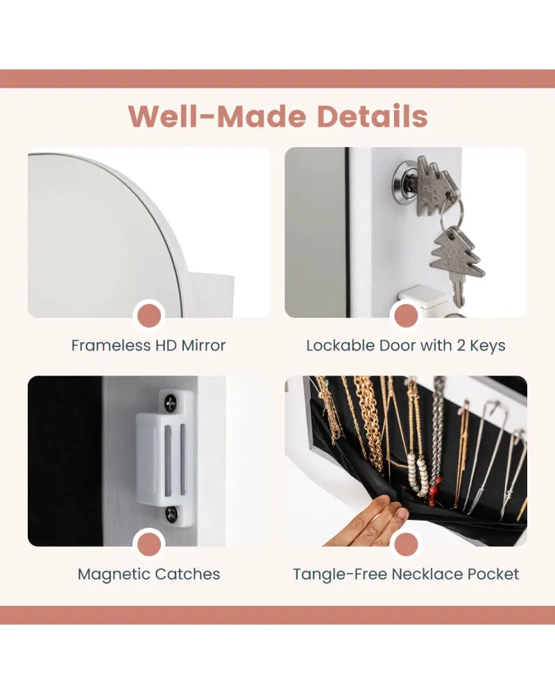 Jewelry Cabinet with Full-Length Mirror Large Storage Capacity-White - White - Jewelry Armoires