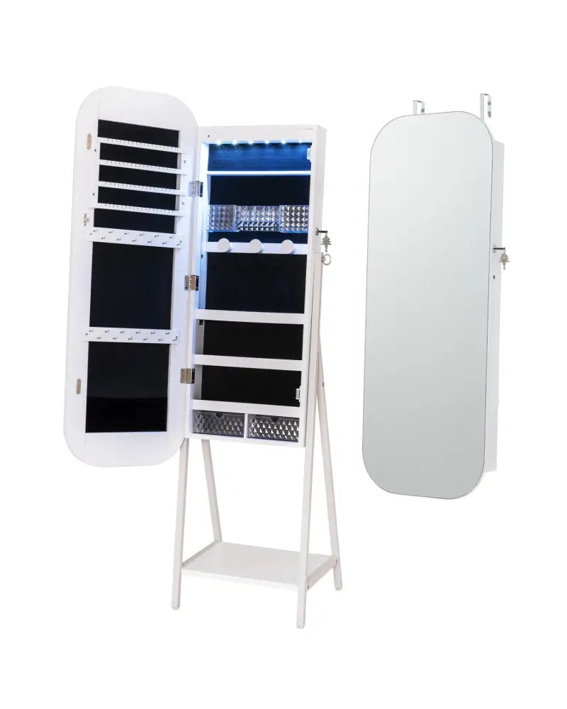 Jewelry Cabinet with Full-Length Mirror Large Storage Capacity-White - White - Jewelry Armoires