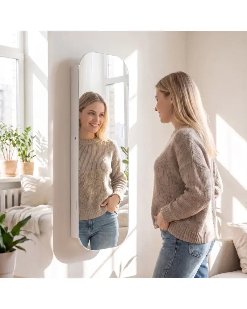 Jewelry Cabinet with Full-Length Mirror Large Storage Capacity-White - White - Jewelry Armoires