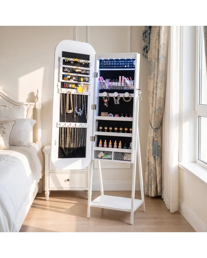 Jewelry Cabinet with Full-Length Mirror Large Storage Capacity-White - White - Jewelry Armoires