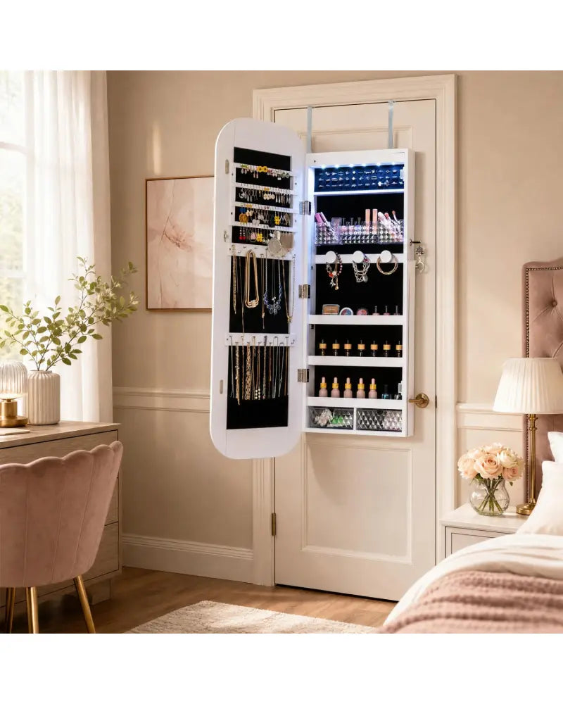Jewelry Cabinet with Full-Length Mirror Large Storage Capacity-White - White - Jewelry Armoires