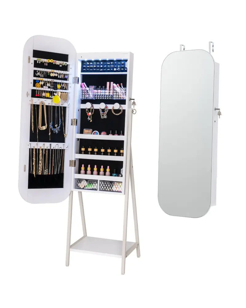 Jewelry Cabinet with Full-Length Mirror Large Storage Capacity-White - White - Jewelry Armoires